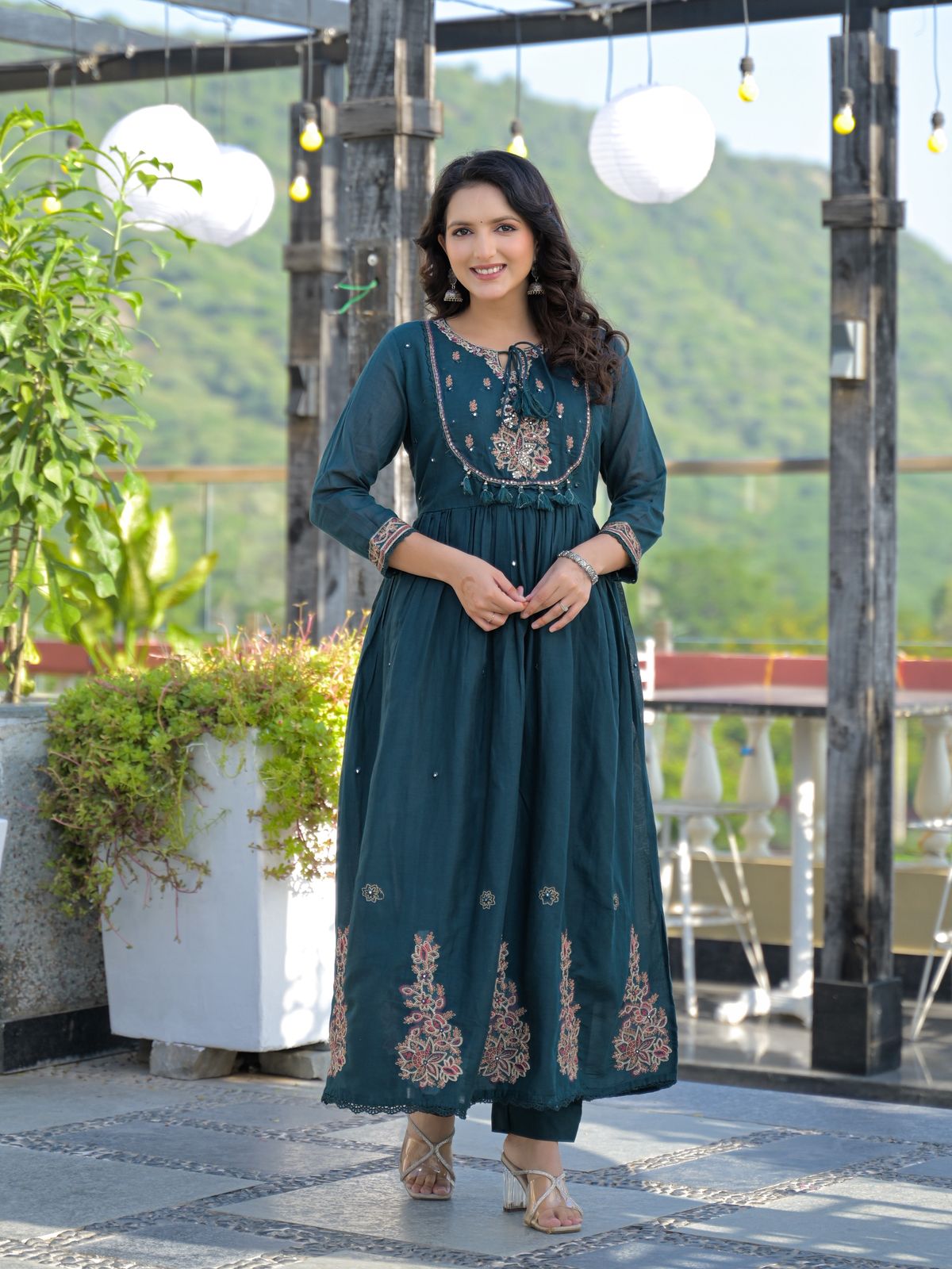 Deep Teal Green Mul Cotton Embroidered Anarkali Suit Set