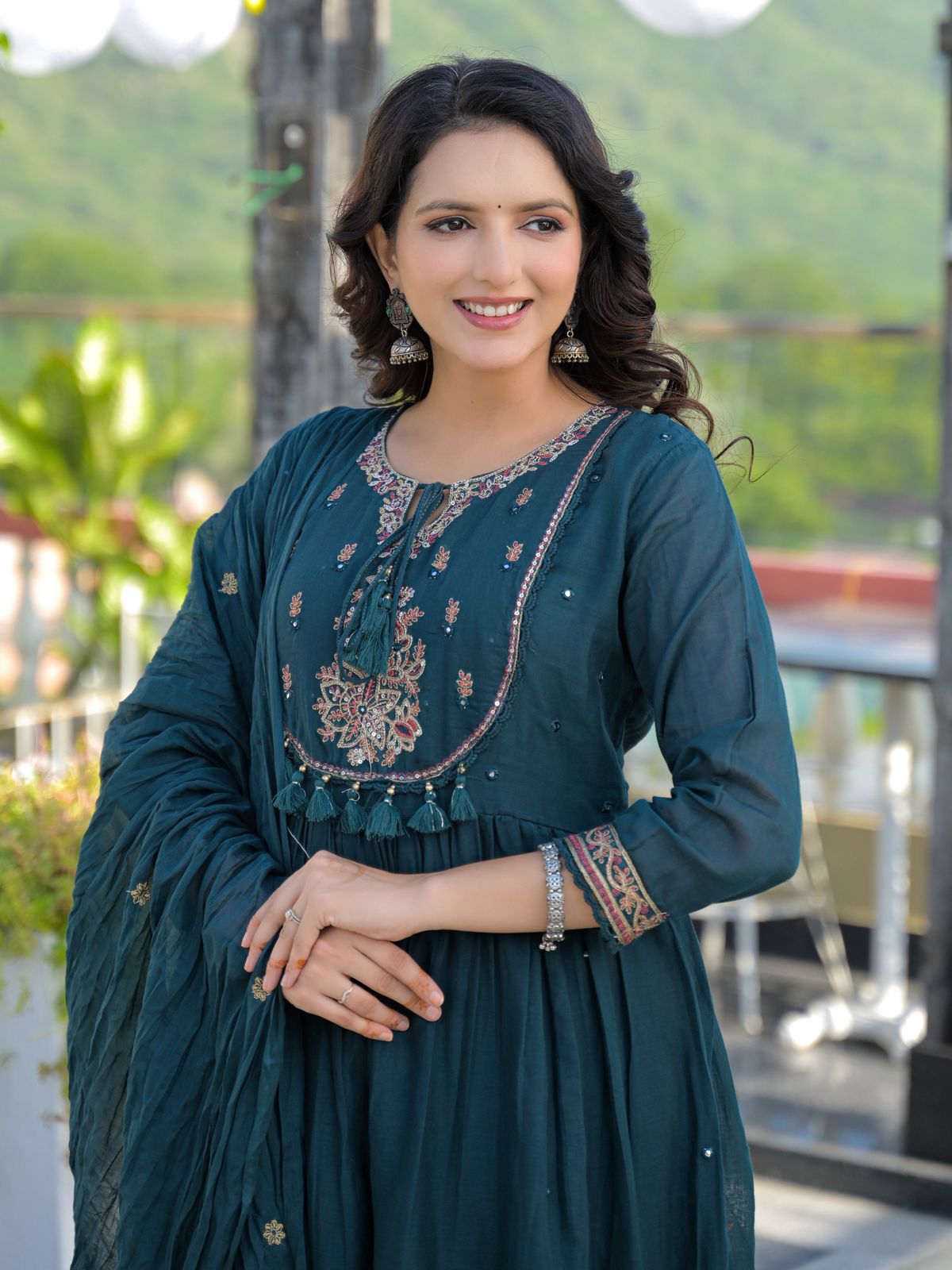 Deep Teal Green Mul Cotton Embroidered Anarkali Suit Set