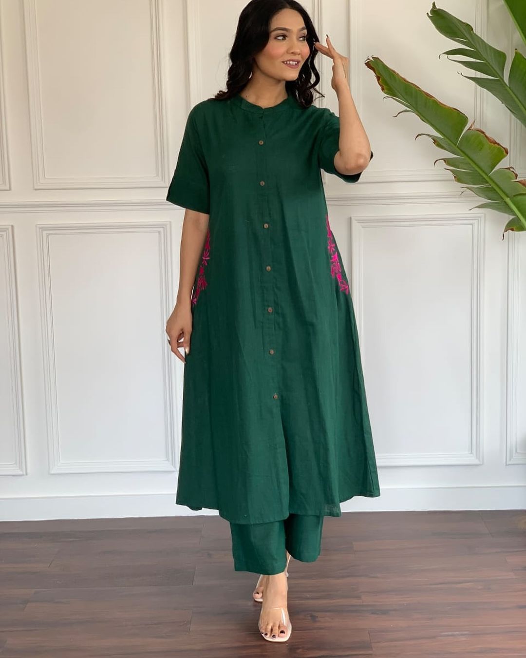 Bottle Green Cotton Slub Kurta and Palazzo Set With Pink Embroidery