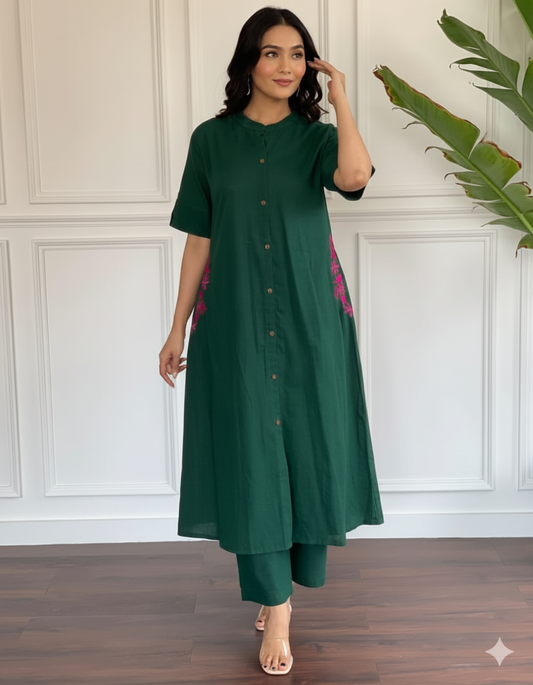Bottle Green Cotton Slub Kurta and Palazzo Set With Pink Embroidery