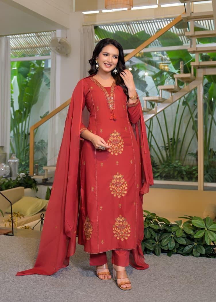 Brick Red Cotton Embroidered Suit Set – Festive & Elegant Wear