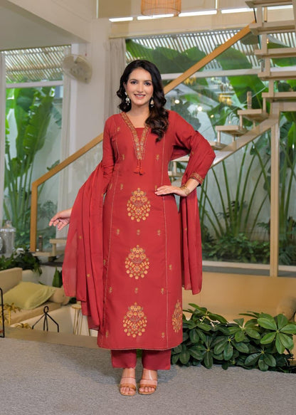 Brick Red Cotton Embroidered Suit Set – Festive & Elegant Wear