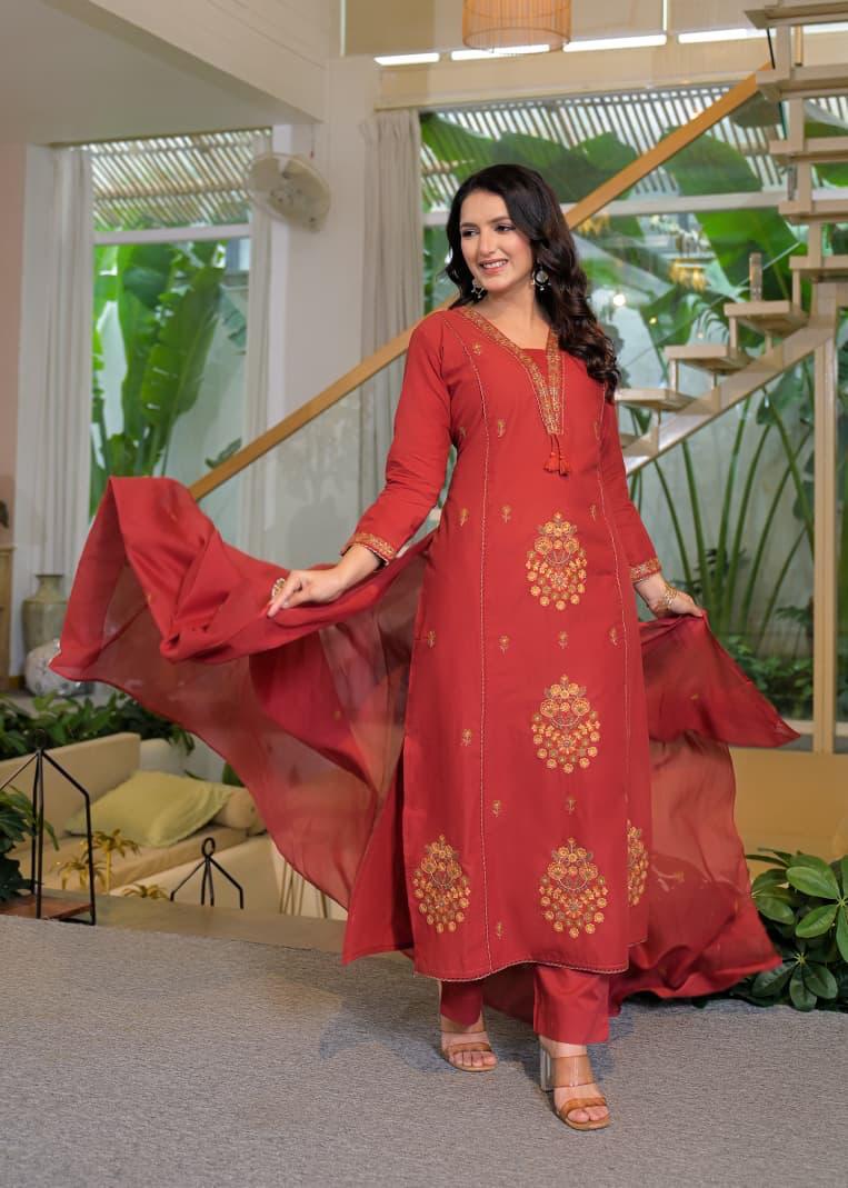 Brick Red Cotton Embroidered Suit Set – Festive & Elegant Wear