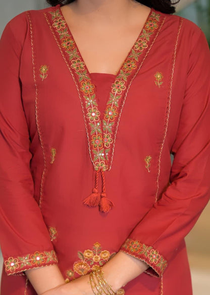 Brick Red Cotton Embroidered Suit Set – Festive & Elegant Wear