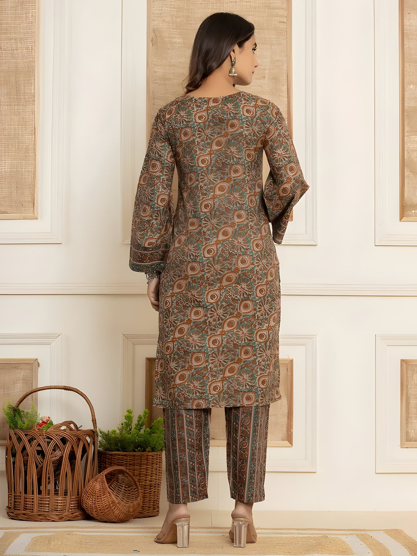 Rust Brown Cotton Blend Kurta Set with Ethnic Floral Motifs