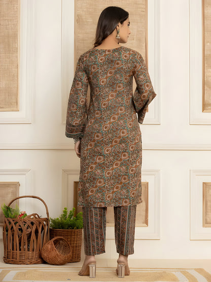 Rust Brown Cotton Blend Kurta Set with Ethnic Floral Motifs