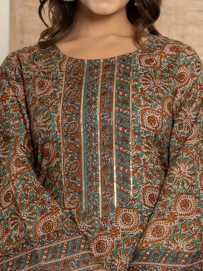 Rust Brown Cotton Blend Kurta Set with Ethnic Floral Motifs