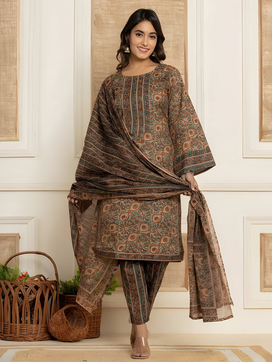 Rust Brown Cotton Blend Kurta Set with Ethnic Floral Motifs
