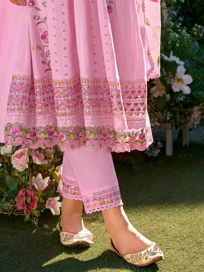 Charming Baby Pink Cotton Anarkali Suit Set with Heavy Floral Embroidery