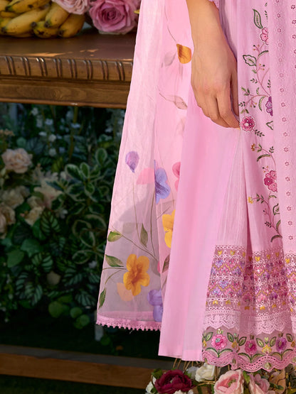 Charming Baby Pink Cotton Anarkali Suit Set with Heavy Floral Embroidery