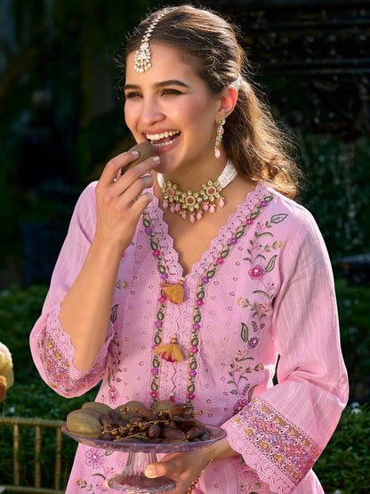 Charming Baby Pink Cotton Anarkali Suit Set with Heavy Floral Embroidery