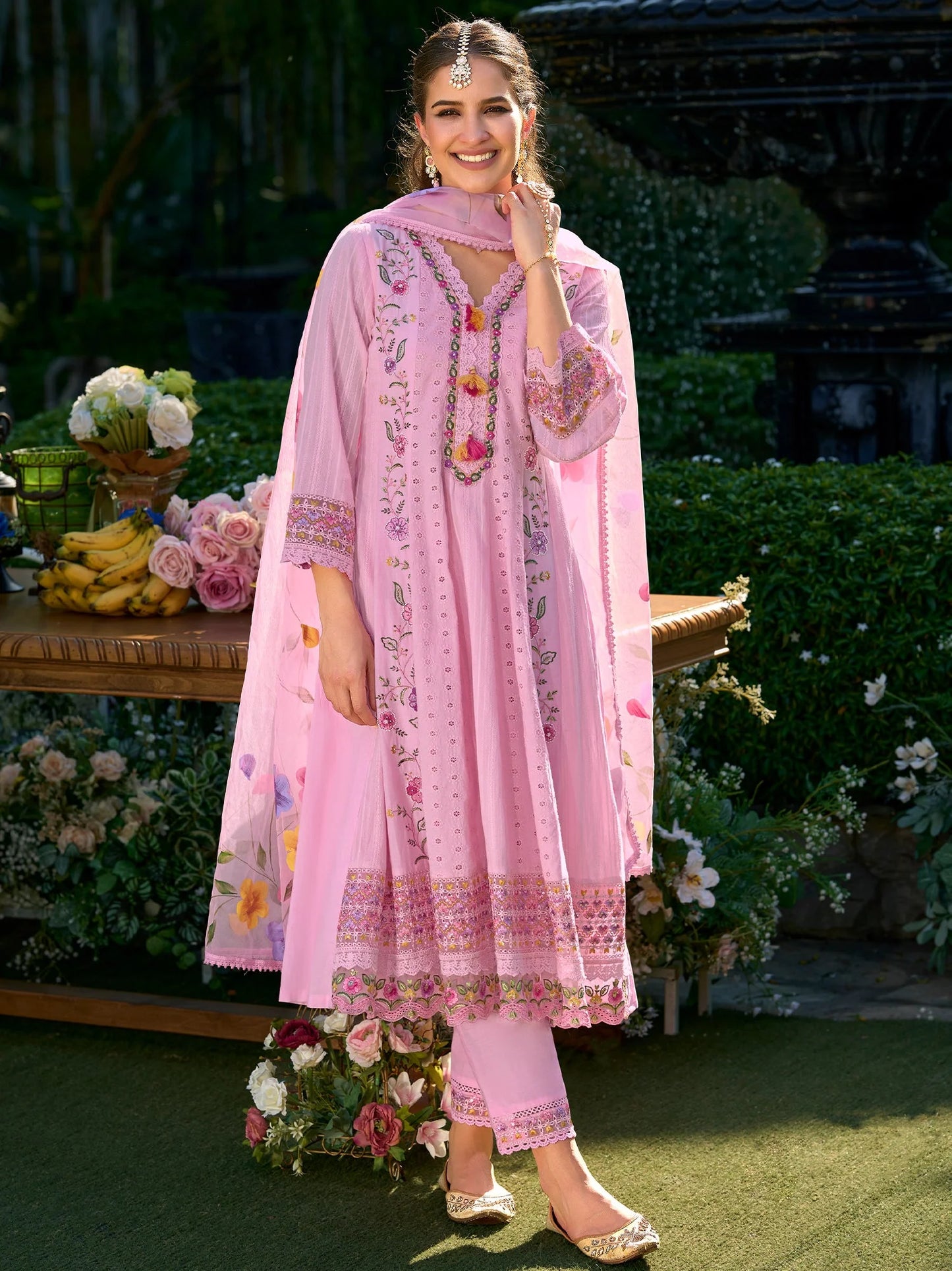 Charming Baby Pink Cotton Anarkali Suit Set with Heavy Floral Embroidery