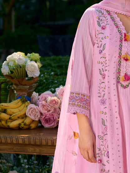 Charming Baby Pink Cotton Anarkali Suit Set with Heavy Floral Embroidery