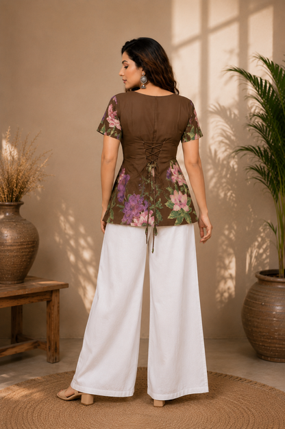 Chocolate Brown Floral Print Cotton Tunic Top for Women