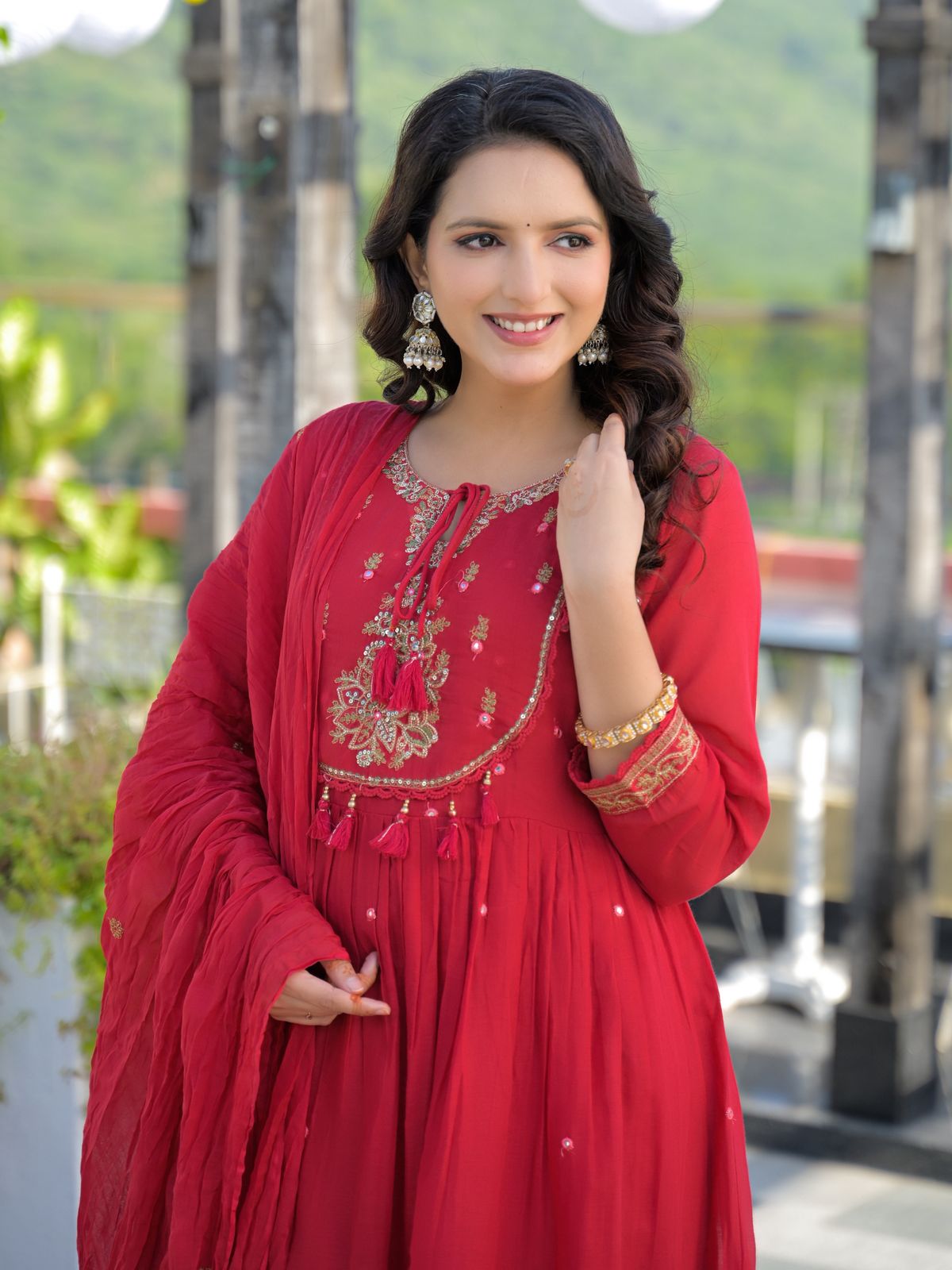 Crimson Red Mul Cotton Embroidered Anarkali Suit Set