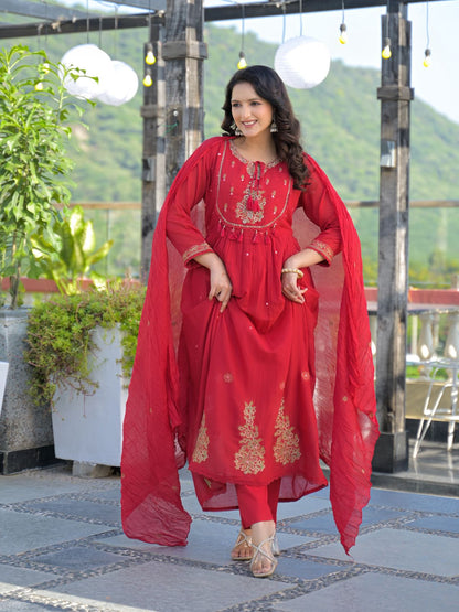 Crimson Red Mul Cotton Embroidered Anarkali Suit Set