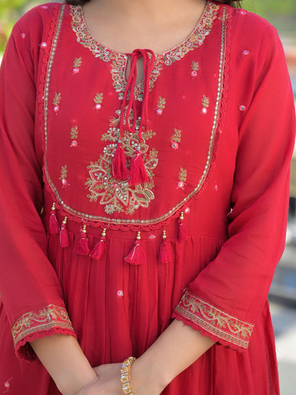 Crimson Red Mul Cotton Embroidered Anarkali Suit Set