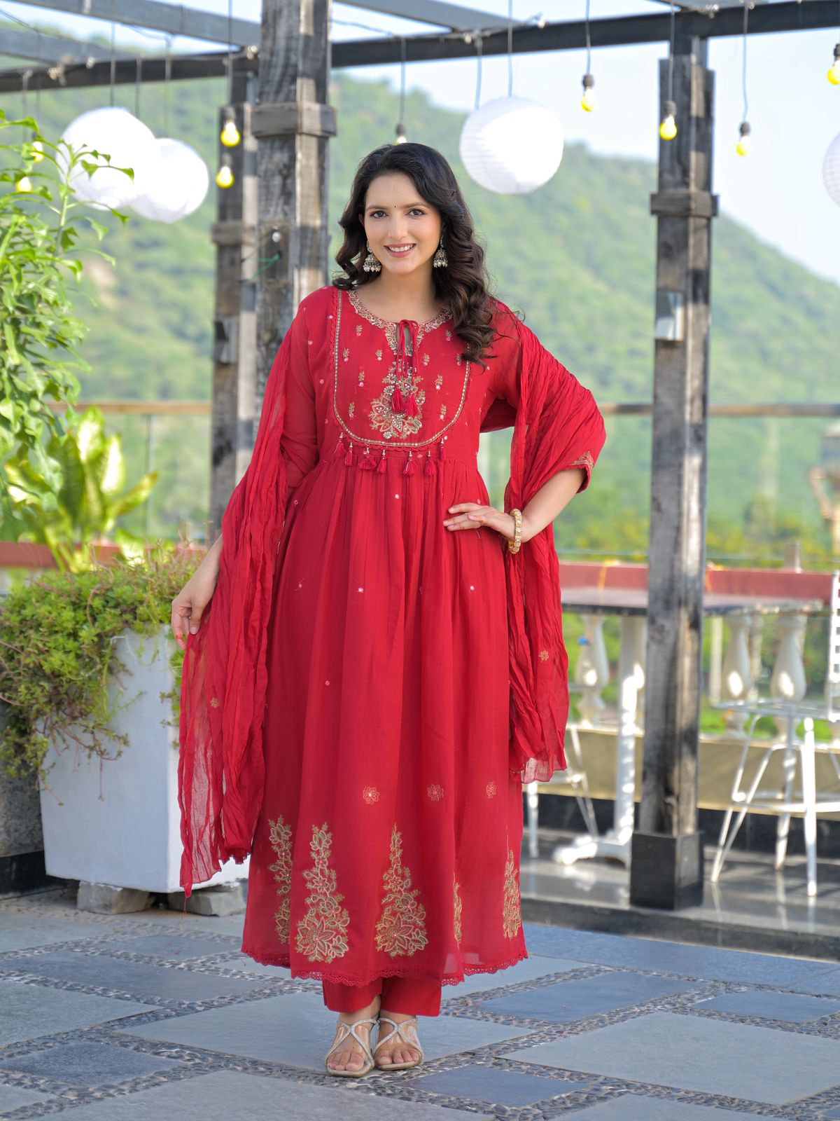 Crimson Red Mul Cotton Embroidered Anarkali Suit Set