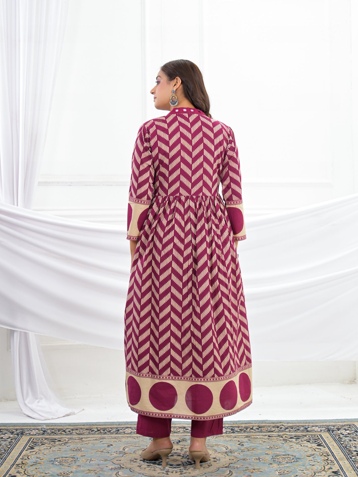 Maroon Cotton Anarkali Suit Set with Printed Dupatta