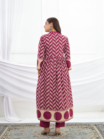 Maroon Cotton Anarkali Suit Set with Printed Dupatta