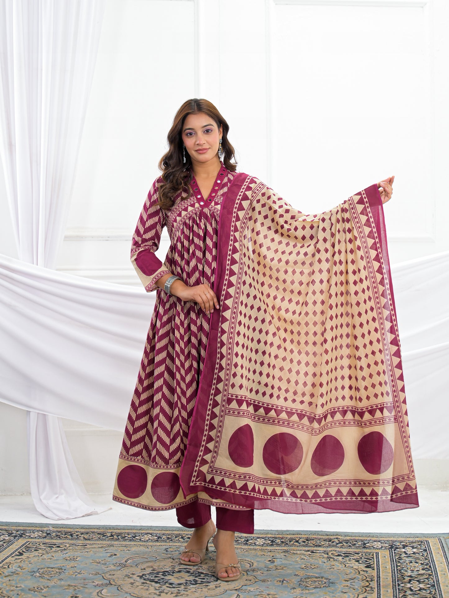 Maroon Cotton Anarkali Suit Set with Printed Dupatta