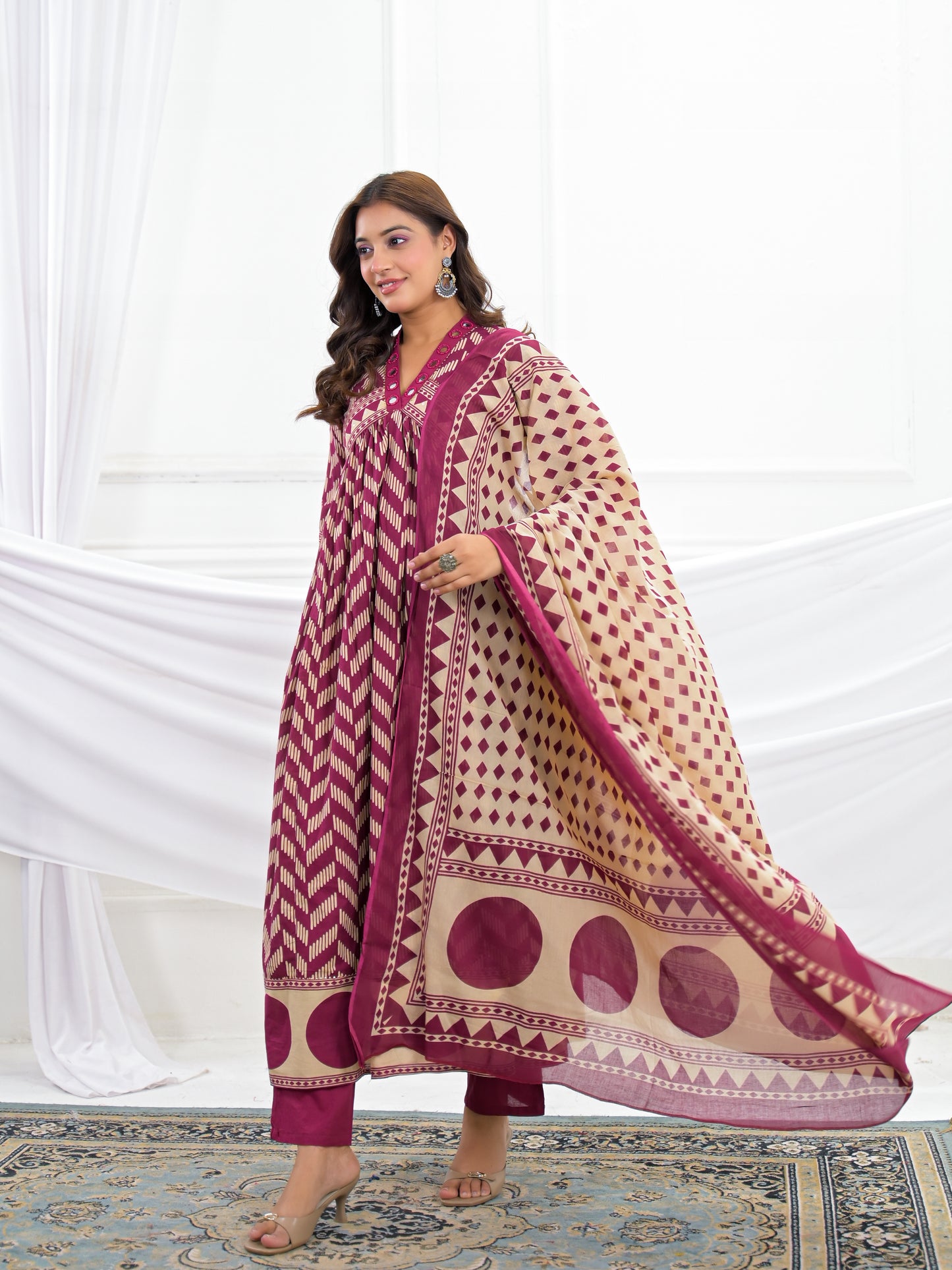 Maroon Cotton Anarkali Suit Set with Printed Dupatta