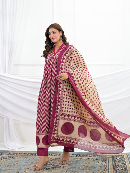Maroon Cotton Anarkali Suit Set with Printed Dupatta
