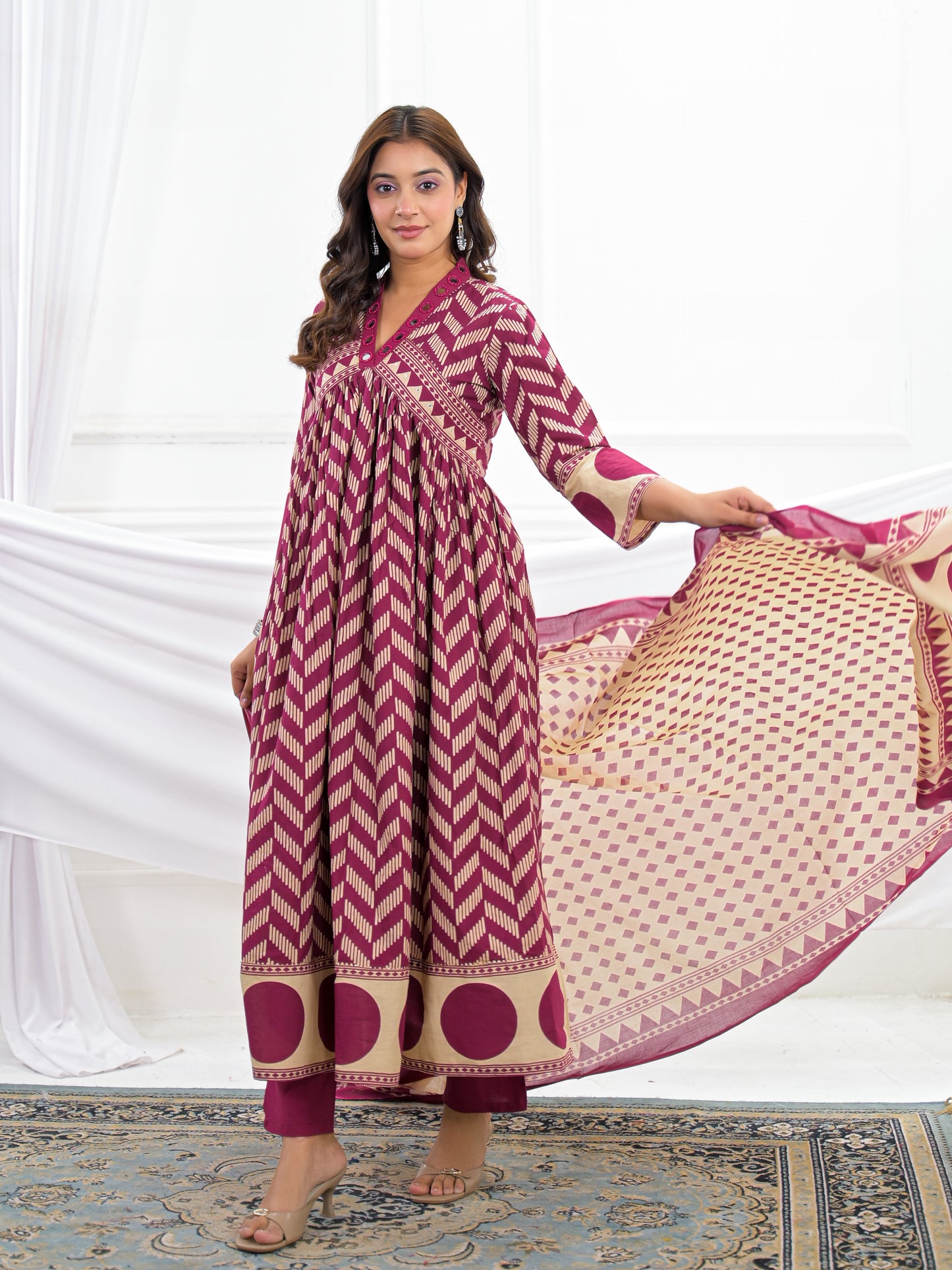 Maroon Cotton Anarkali Suit Set with Printed Dupatta