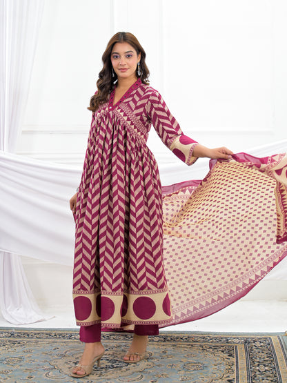Maroon Cotton Anarkali Suit Set with Printed Dupatta