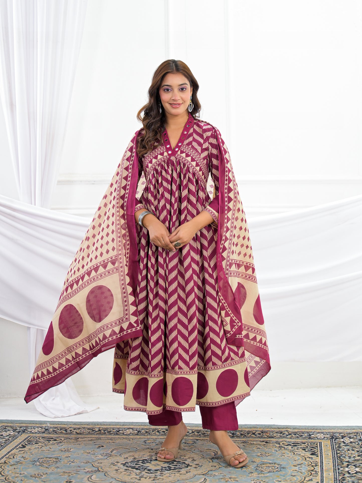 Maroon Cotton Anarkali Suit Set with Printed Dupatta