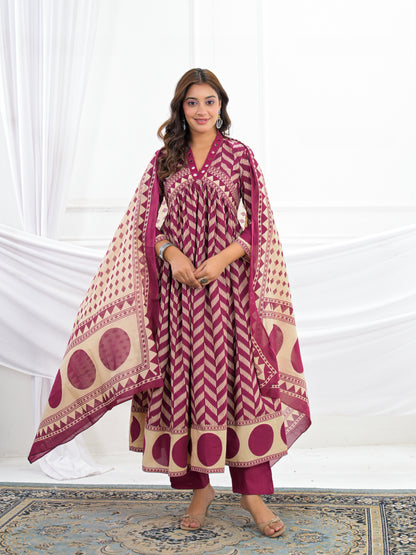 Maroon Cotton Anarkali Suit Set with Printed Dupatta
