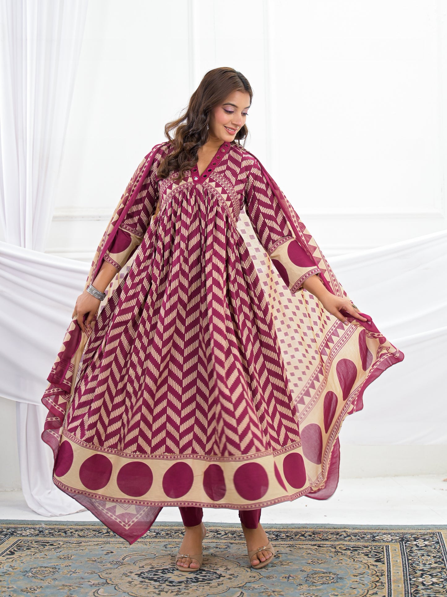 Maroon Cotton Anarkali Suit Set with Printed Dupatta