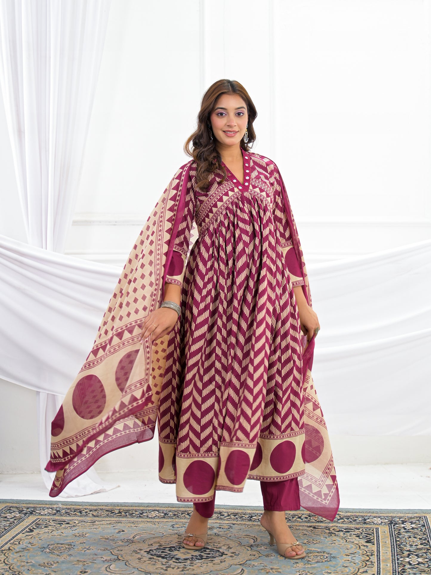 Maroon Cotton Anarkali Suit Set with Printed Dupatta