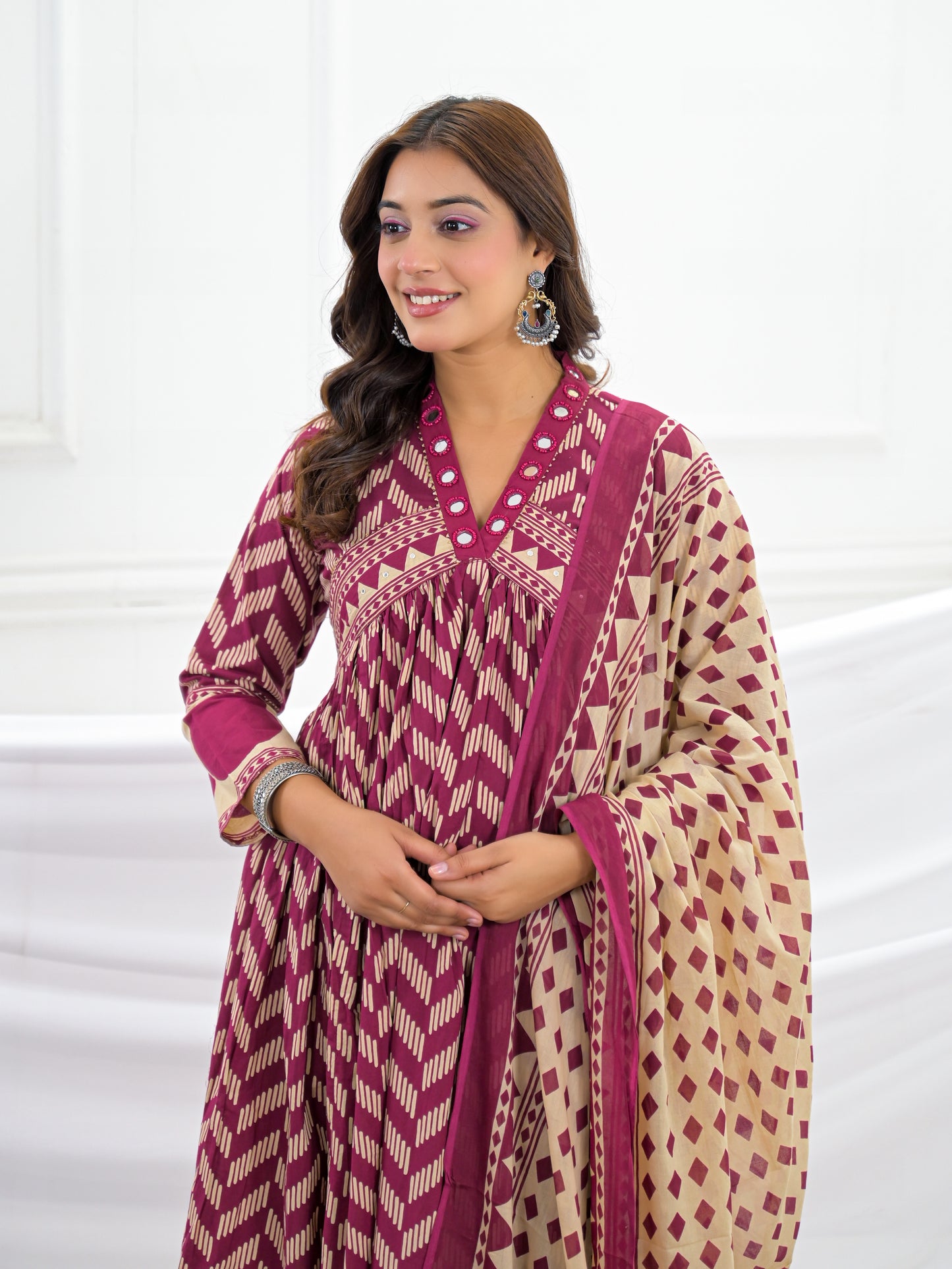 Maroon Cotton Anarkali Suit Set with Printed Dupatta