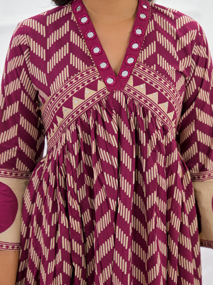 Maroon Cotton Anarkali Suit Set with Printed Dupatta