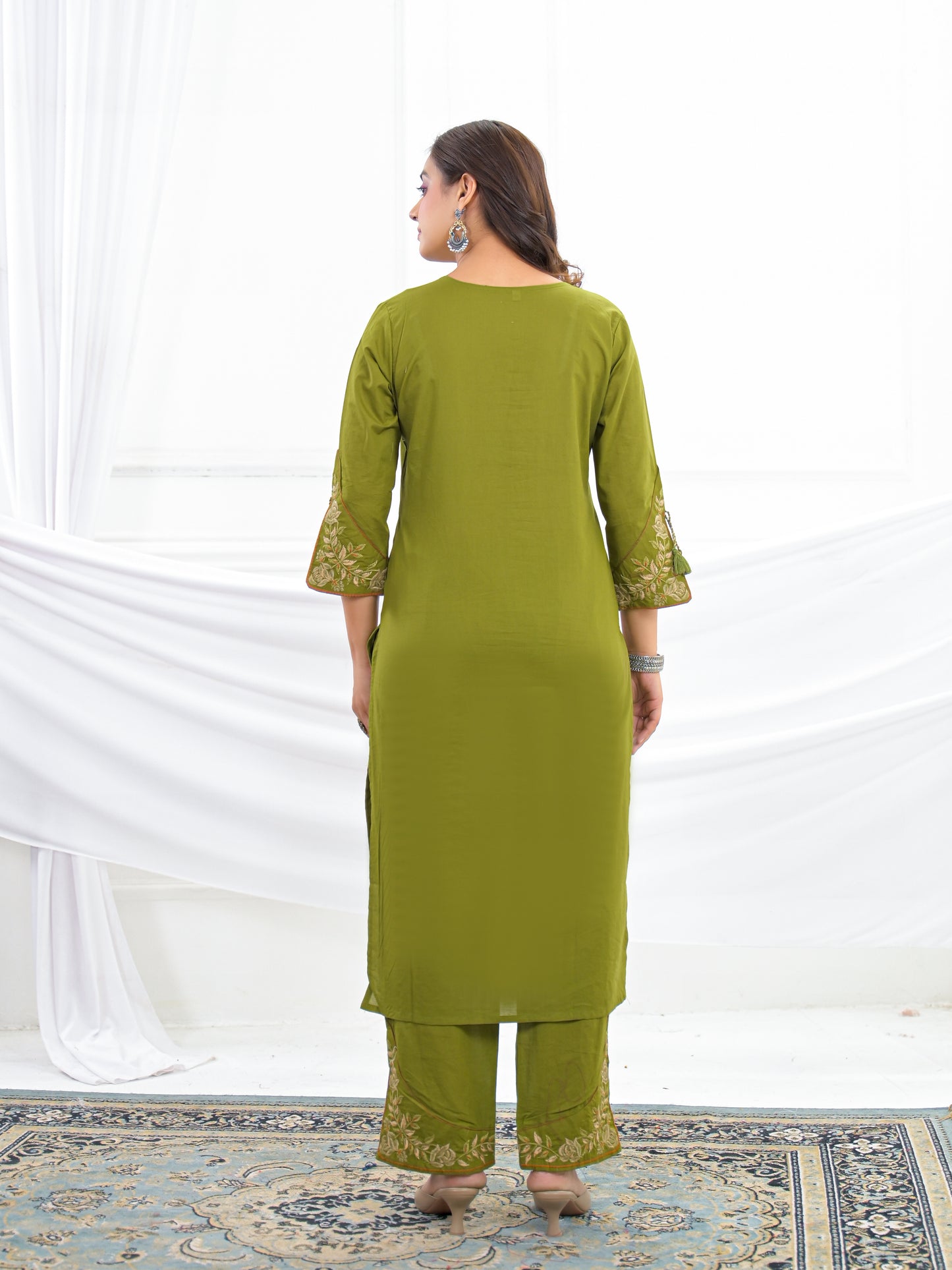 Olive Green Embroidered Cotton Kurta Palazzo Set with Dupatta