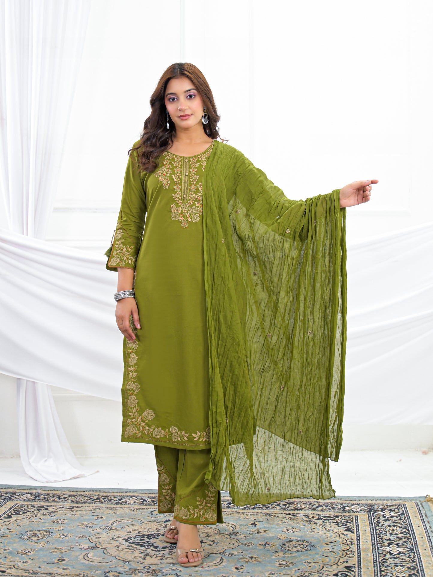 Olive Green Embroidered Cotton Kurta Palazzo Set with Dupatta