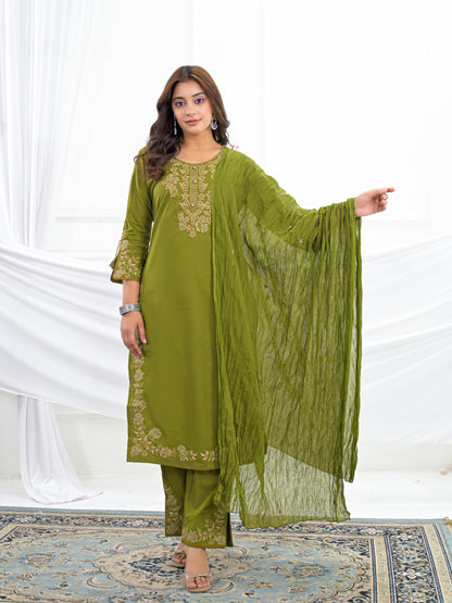 Olive Green Embroidered Cotton Kurta Palazzo Set with Dupatta