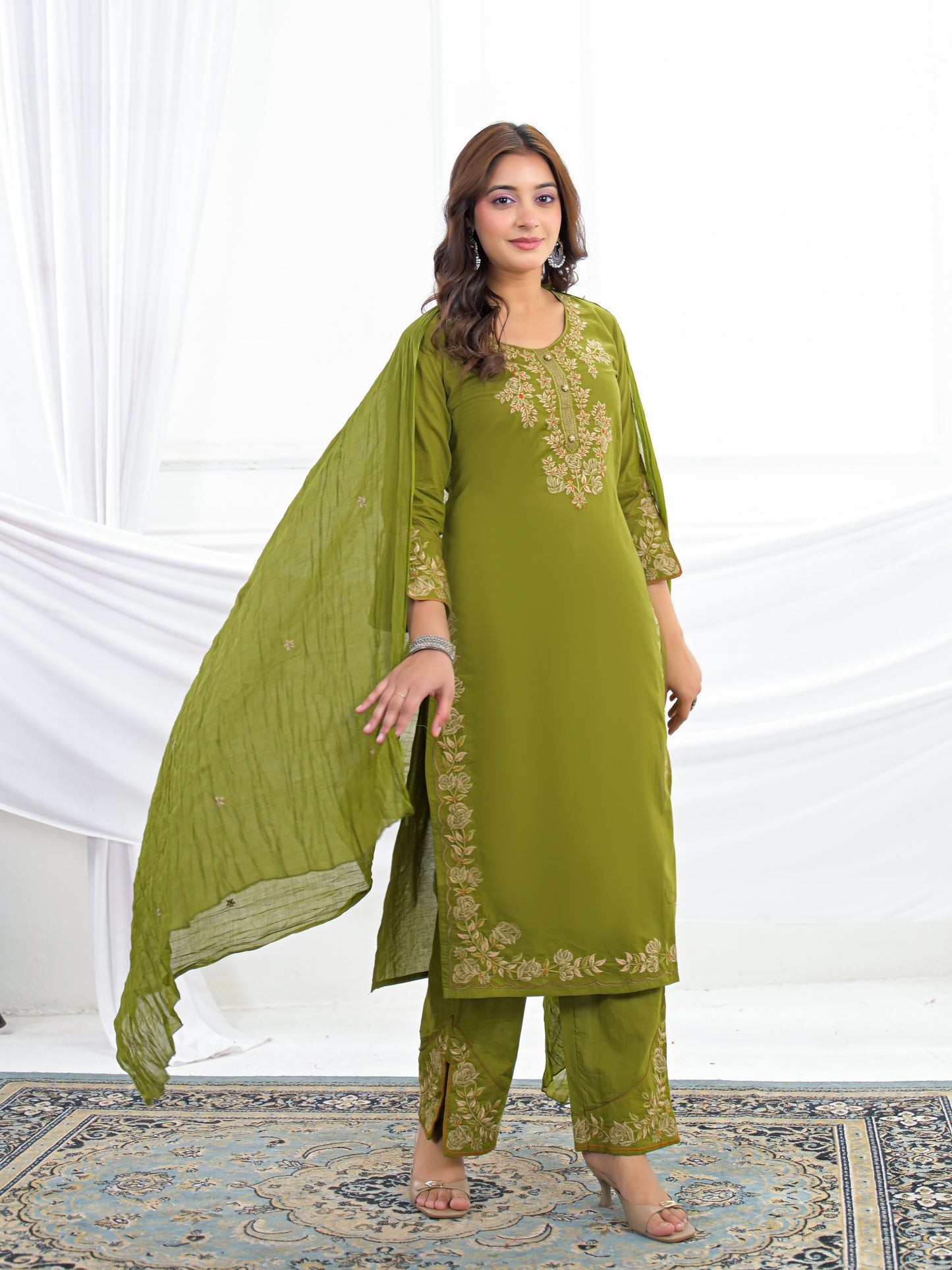 Olive Green Embroidered Cotton Kurta Palazzo Set with Dupatta