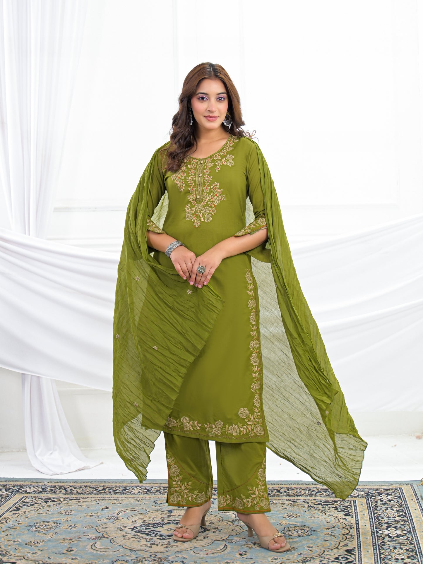 Olive Green Embroidered Cotton Kurta Palazzo Set with Dupatta