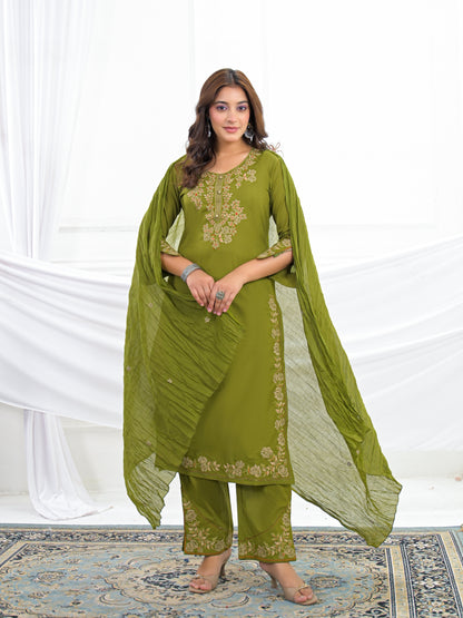Olive Green Embroidered Cotton Kurta Palazzo Set with Dupatta