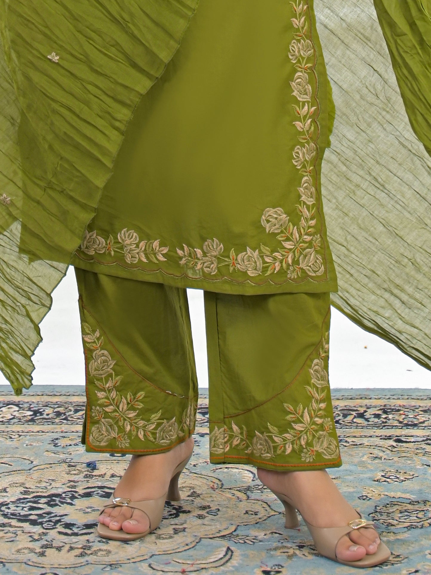 Olive Green Embroidered Cotton Kurta Palazzo Set with Dupatta