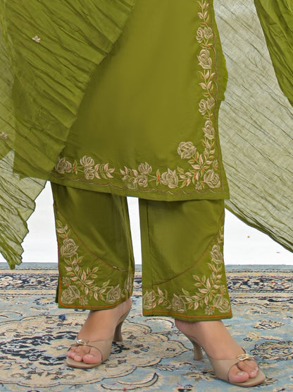 Olive Green Embroidered Cotton Kurta Palazzo Set with Dupatta
