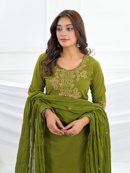 Olive Green Embroidered Cotton Kurta Palazzo Set with Dupatta