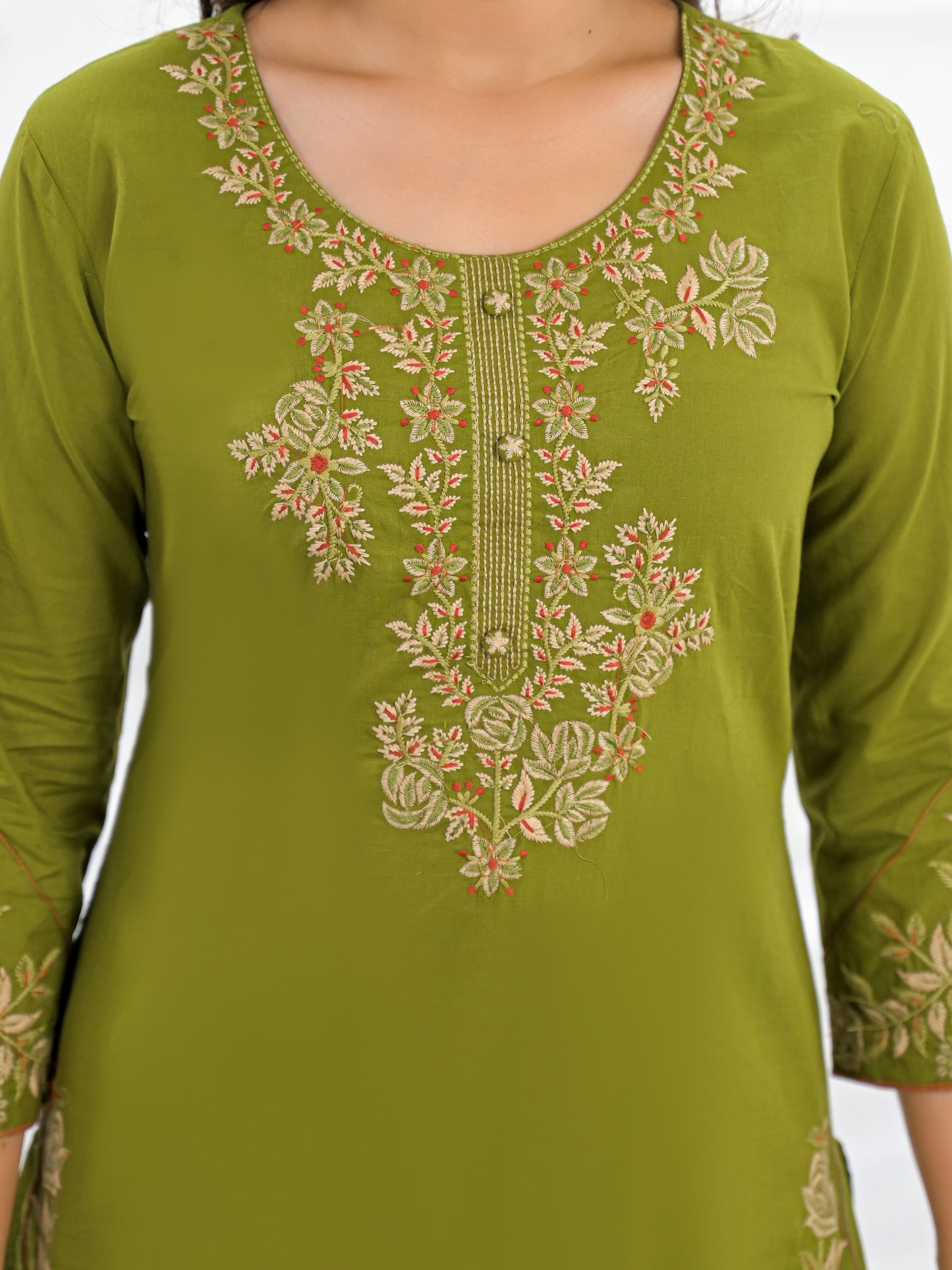 Olive Green Embroidered Cotton Kurta Palazzo Set with Dupatta