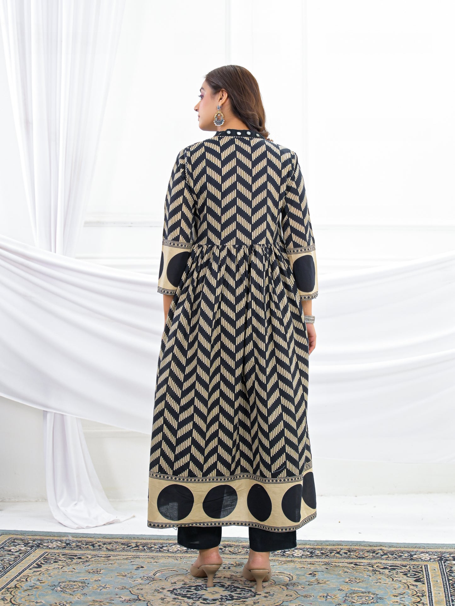 Black Cotton Anarkali Suit Set with Printed Dupatta
