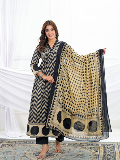Black Cotton Anarkali Suit Set with Printed Dupatta