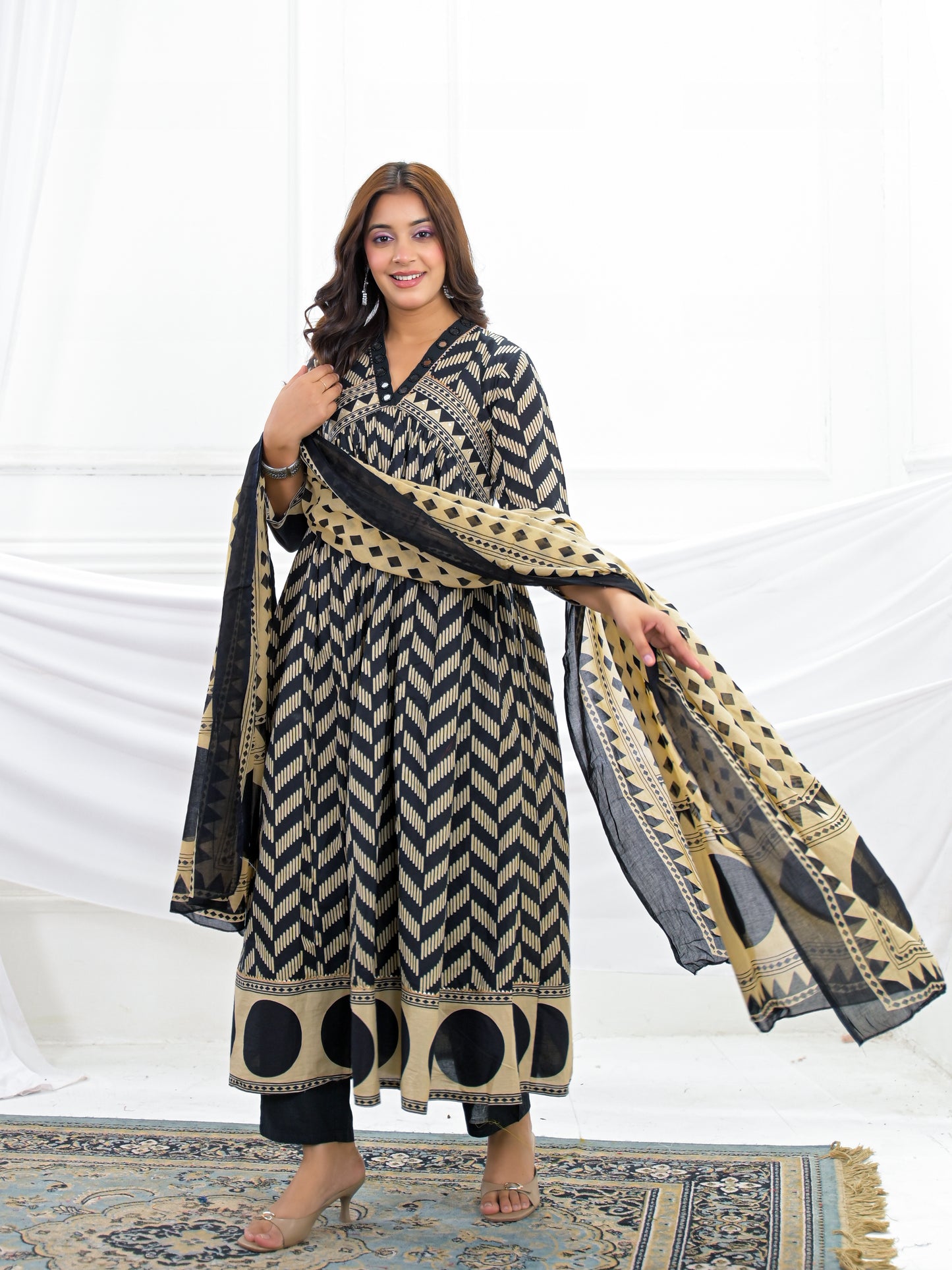 Black Cotton Anarkali Suit Set with Printed Dupatta