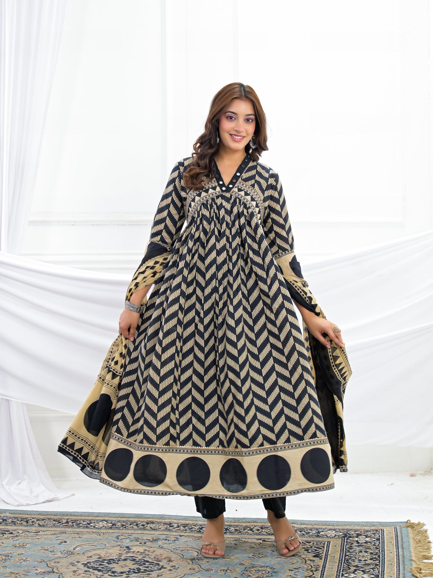 Black Cotton Anarkali Suit Set with Printed Dupatta