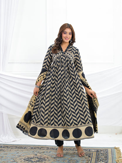Black Cotton Anarkali Suit Set with Printed Dupatta